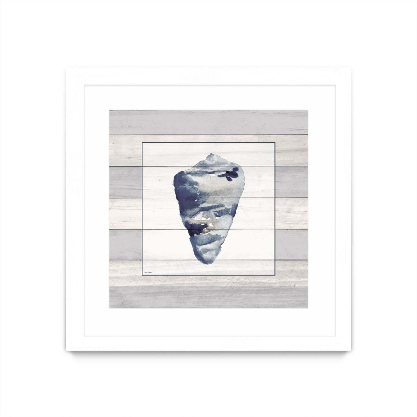 Œuvre murale encadrée blanche et mate « Muted Blue Shell On Wood » 36 x 36