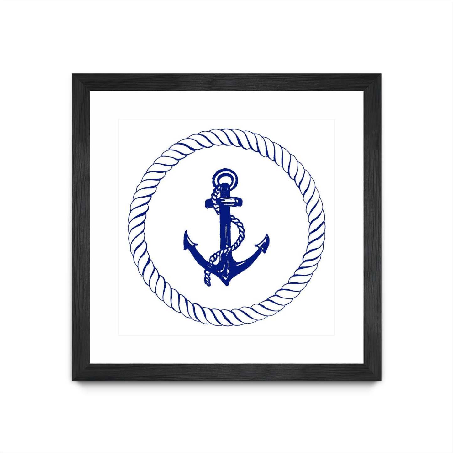 Œuvre d’art murale encadrée noire et mate « Blue Nautical Circle I » 30 x 30