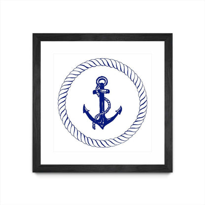 Œuvre d’art murale encadrée noire et mate « Blue Nautical Circle I » 30 x 30