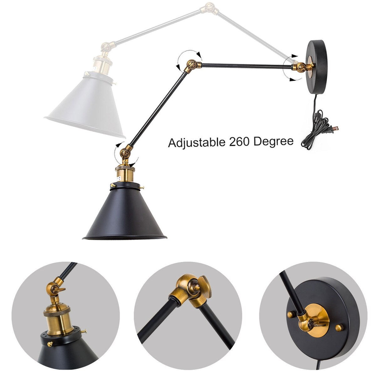 Ensemble de 2 appliques murales modernes à bras articulé réglable Malryn, à brancher ou à câblér