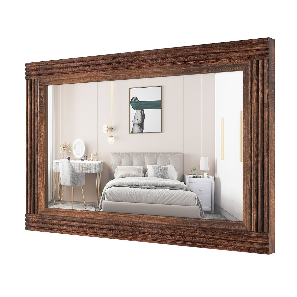 Miroir de salle de bain plat avec cadre en bois massif