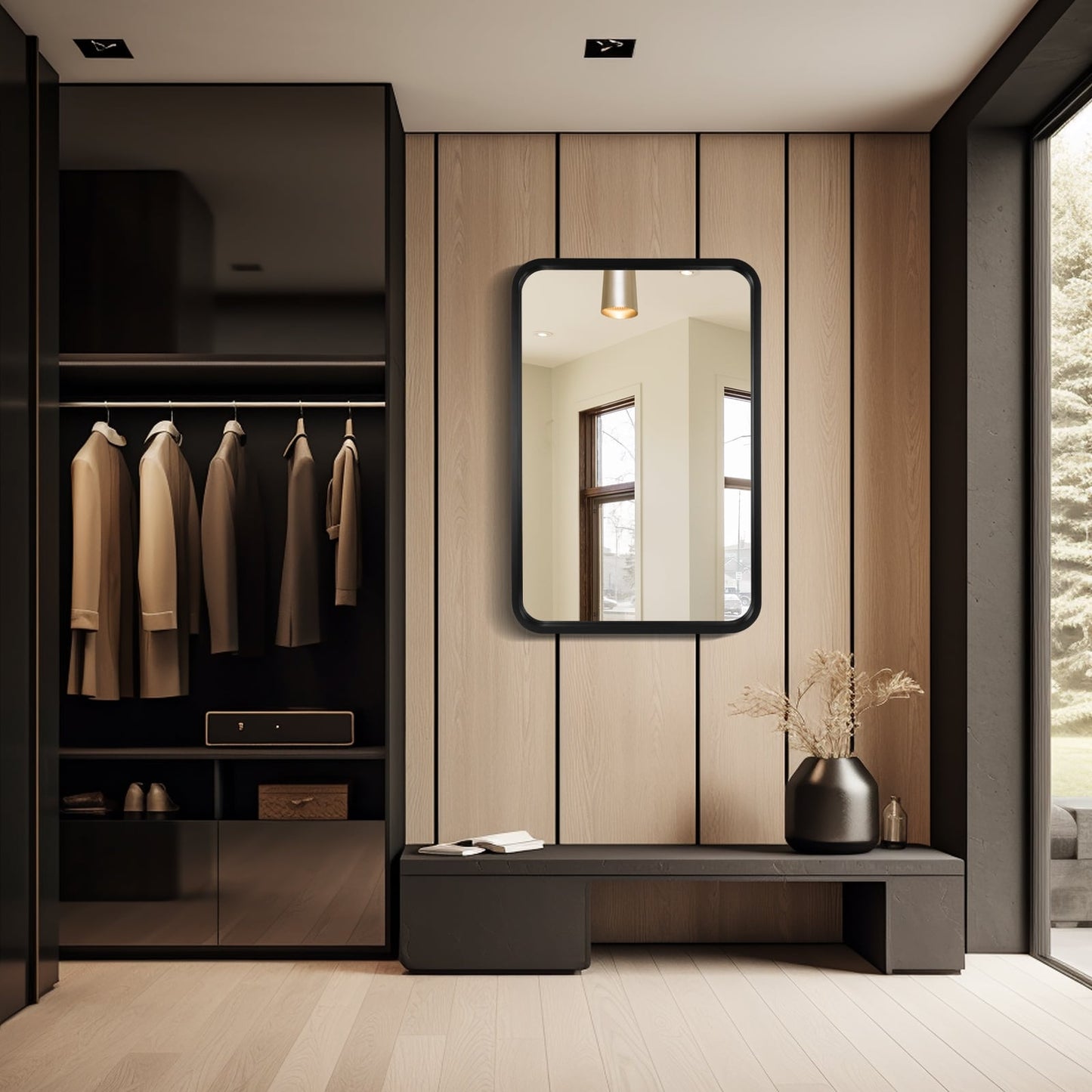 Miroir mural rectangulaire à coins arrondis de style ferme avec cadre en bois massif