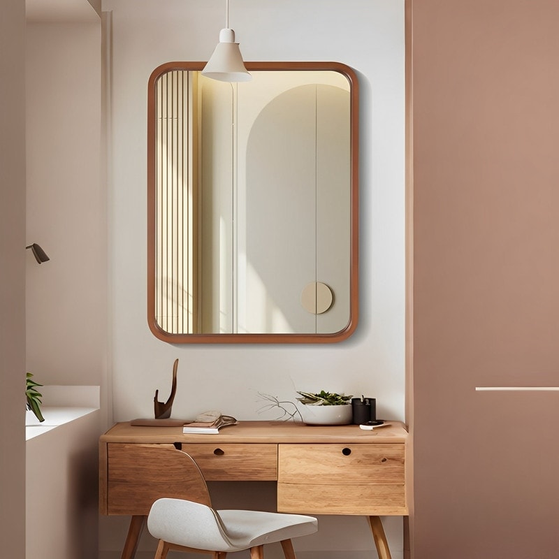Miroir mural rectangulaire à coins arrondis de style ferme avec cadre en bois massif