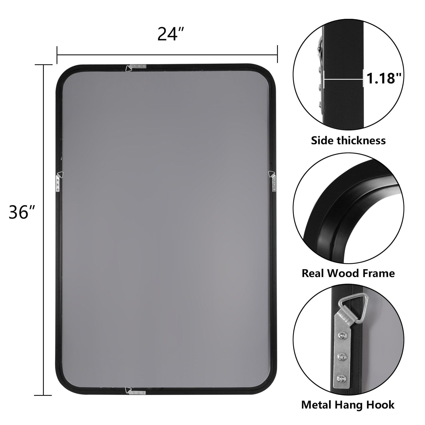 Miroir mural rectangulaire à coins arrondis de style ferme avec cadre en bois massif