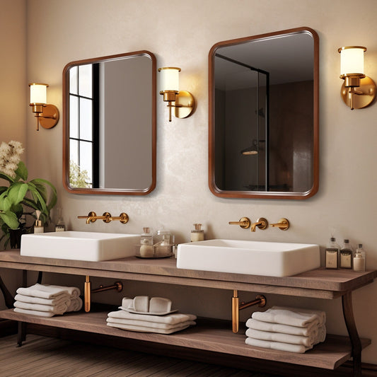 Miroir mural rectangulaire à coins arrondis de style ferme avec cadre en bois massif