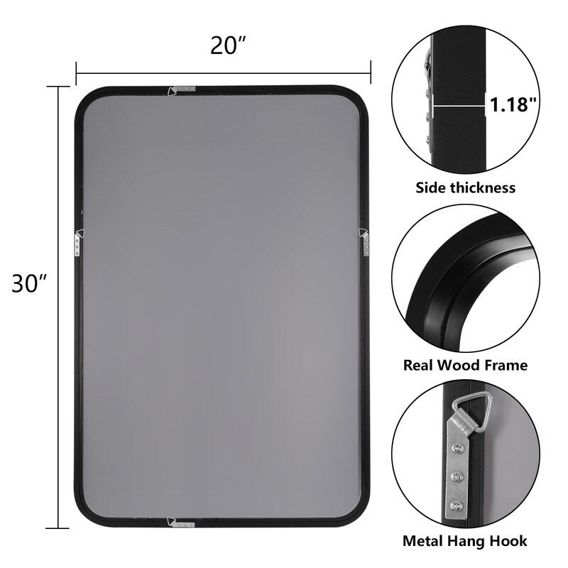 Miroir mural rectangulaire à coins arrondis de style ferme avec cadre en bois massif