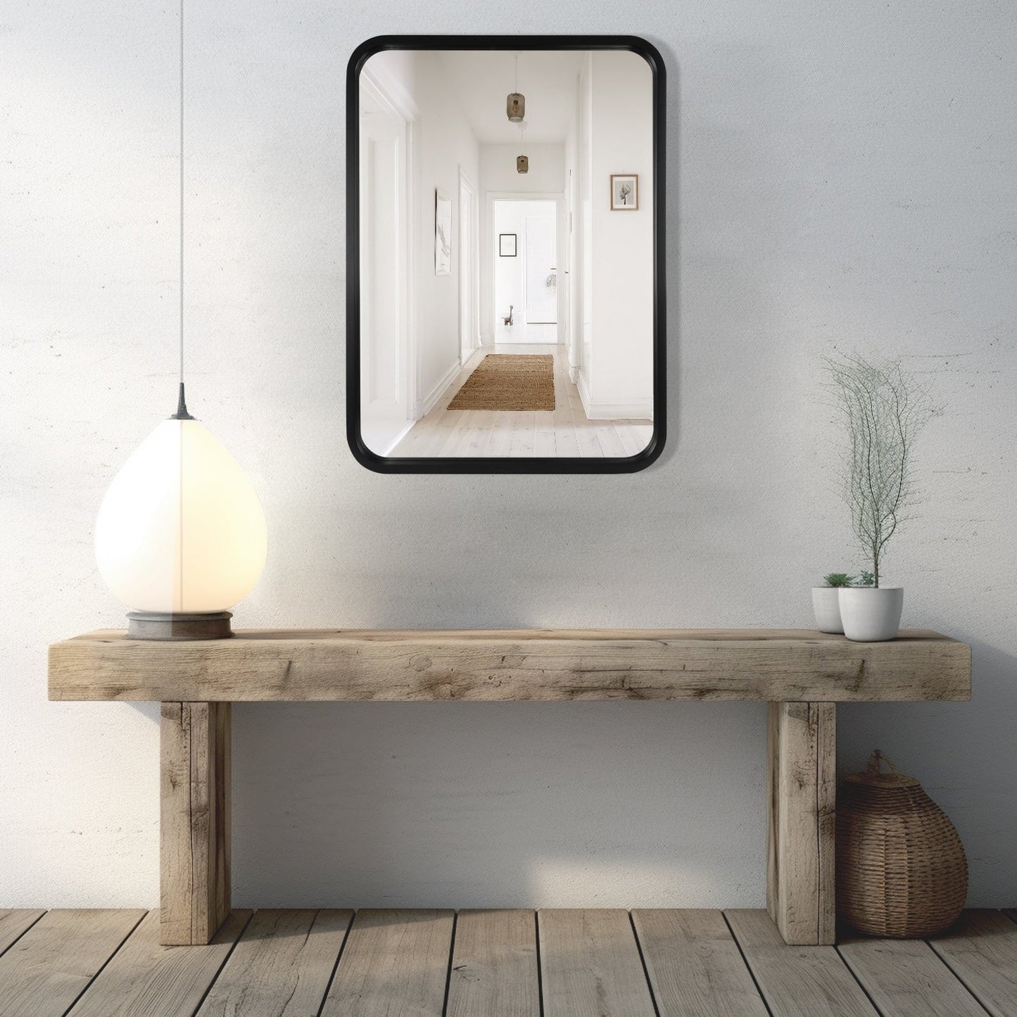 Miroir mural rectangulaire à coins arrondis de style ferme avec cadre en bois massif