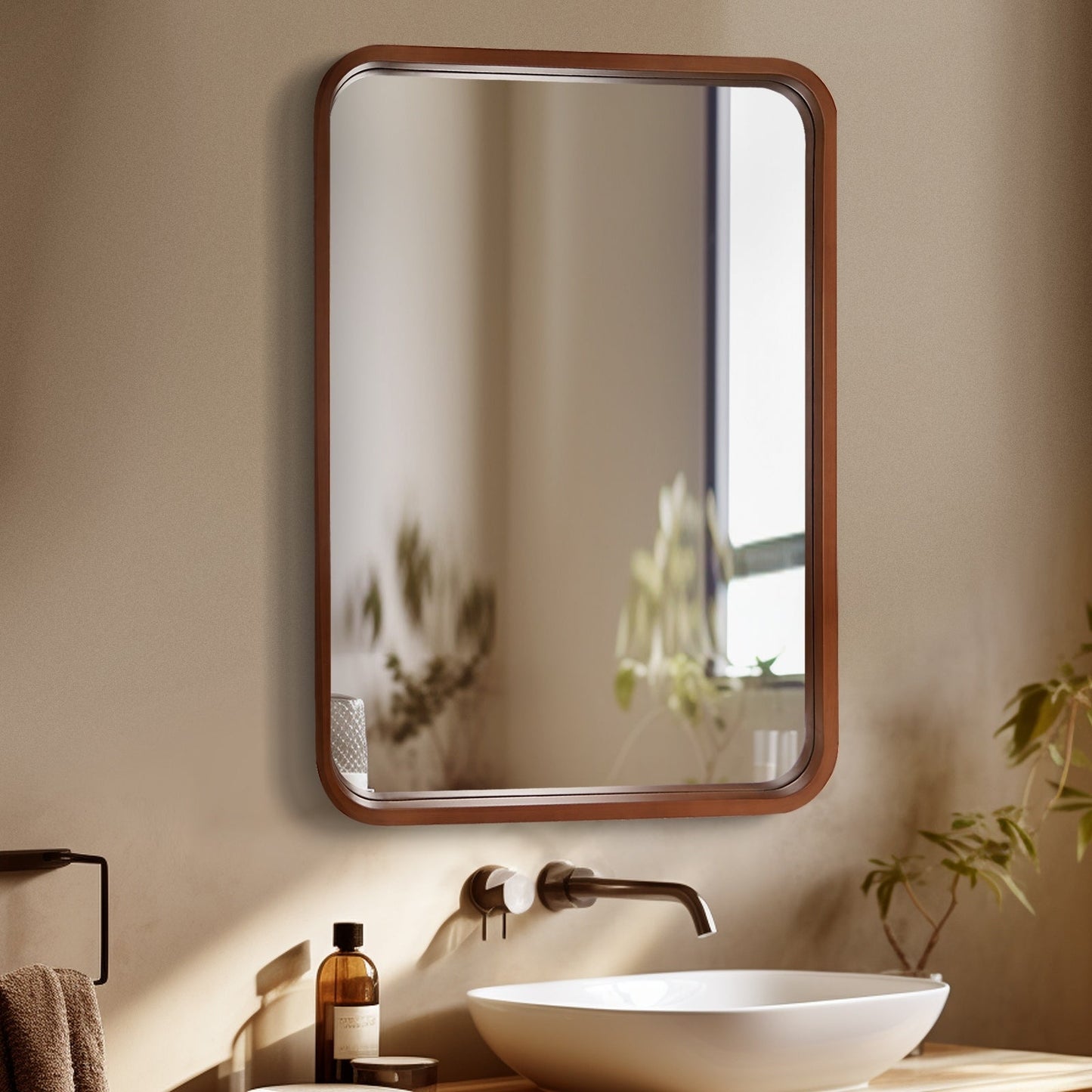 Miroir mural rectangulaire à coins arrondis de style ferme avec cadre en bois massif