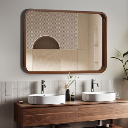 Miroir mural rectangulaire à coins arrondis de style ferme avec cadre en bois massif