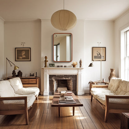 Miroir mural rectangulaire à coins arrondis de style ferme avec cadre en bois massif