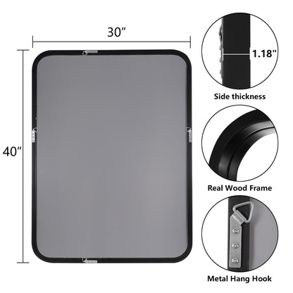 Miroir mural rectangulaire à coins arrondis de style ferme avec cadre en bois massif