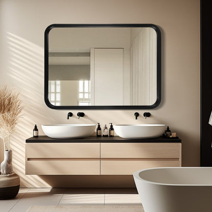 Miroir mural rectangulaire à coins arrondis de style ferme avec cadre en bois massif