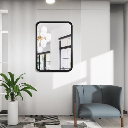 Miroir mural rectangulaire à coins arrondis de style ferme avec cadre en bois massif