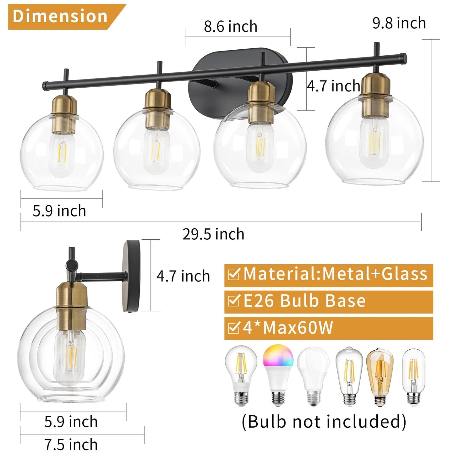 Applique murale moderne Starsky à 4 lumières avec variateur et abat-jour en verre globe
