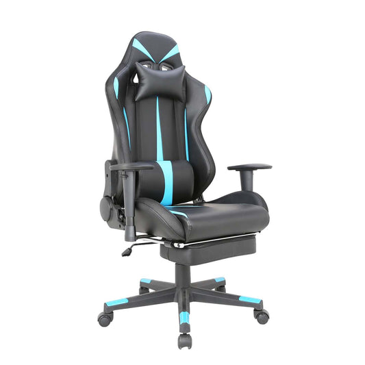 Tygerclaw PU Gaming Office Chair with Lumbar Pillow &amp; Leg Rest - Blue|Fauteuil de jeu et de bureau en polyuréthane TygerClaw avec coussin lombaire et repos-pieds - bleu