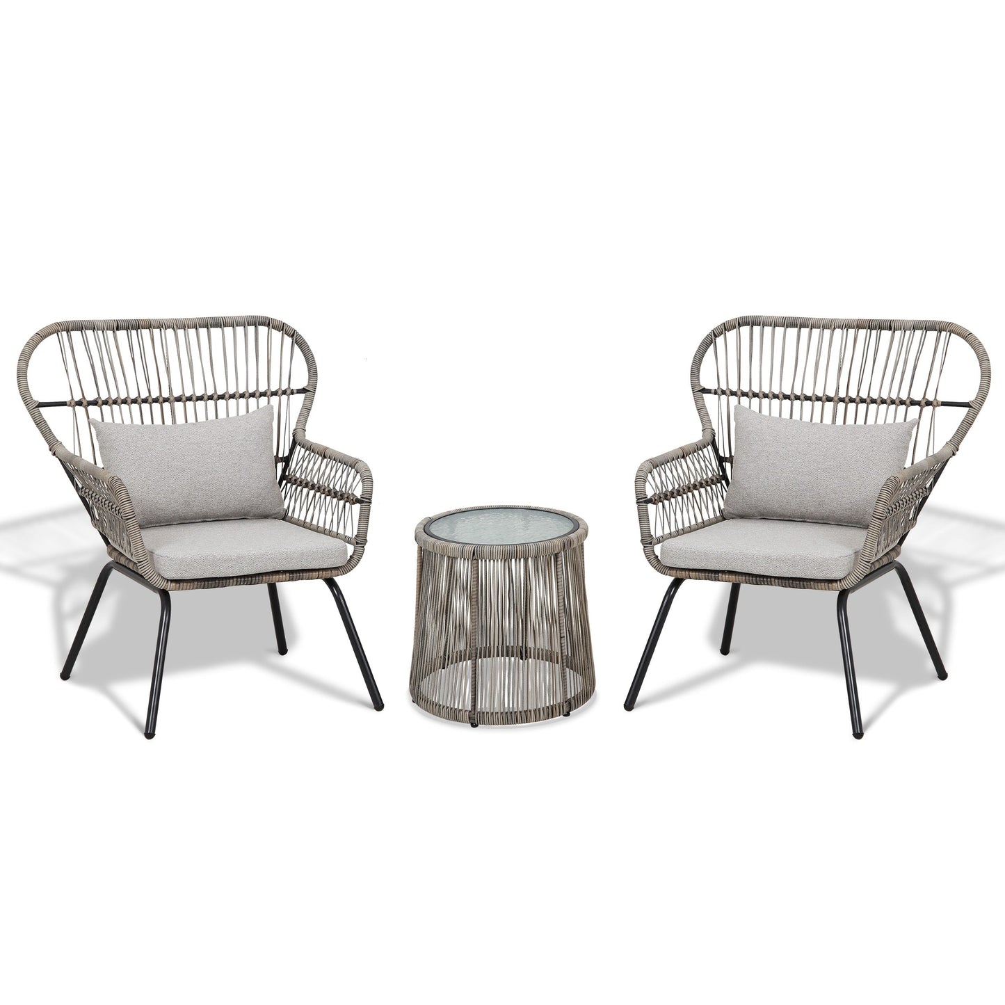 Ensemble de bistrot d'extérieur 3 pièces en osier, mobilier de jardin en rotin toutes saisons, chaises de patio avec coussins