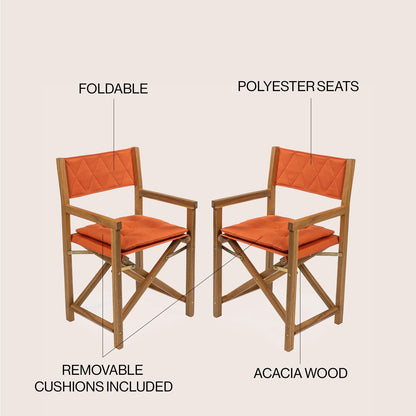Chaise de réalisateur d'extérieur pliable en bois d'acacia, style Mid-Century, avec dossier matelassé en losanges et coussin, lot de 2 par JONATHAN Y