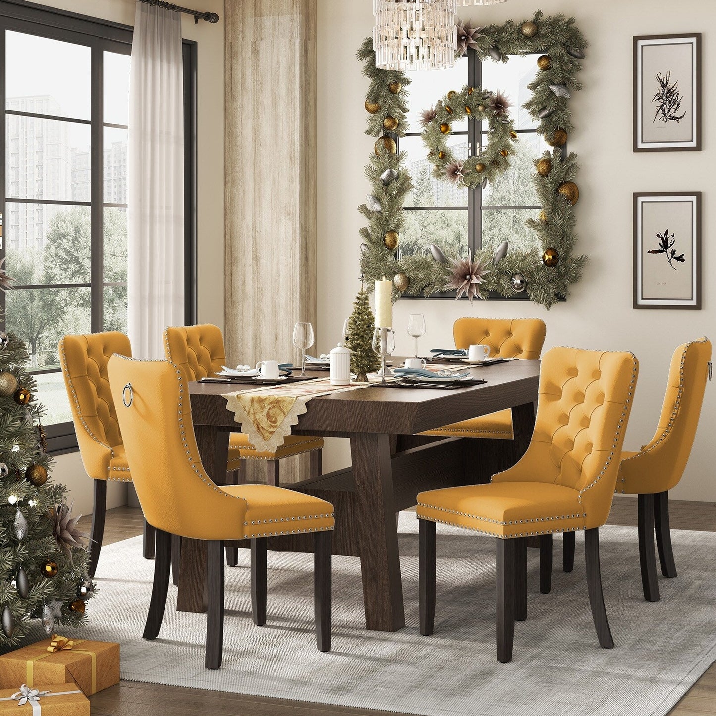 Chaise de salle à manger capitonnée en velours avec pieds en bois massif, lot de 6