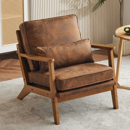 Fauteuil d'appoint rembourré en lin mélangé avec pieds en bois et un coussin beige