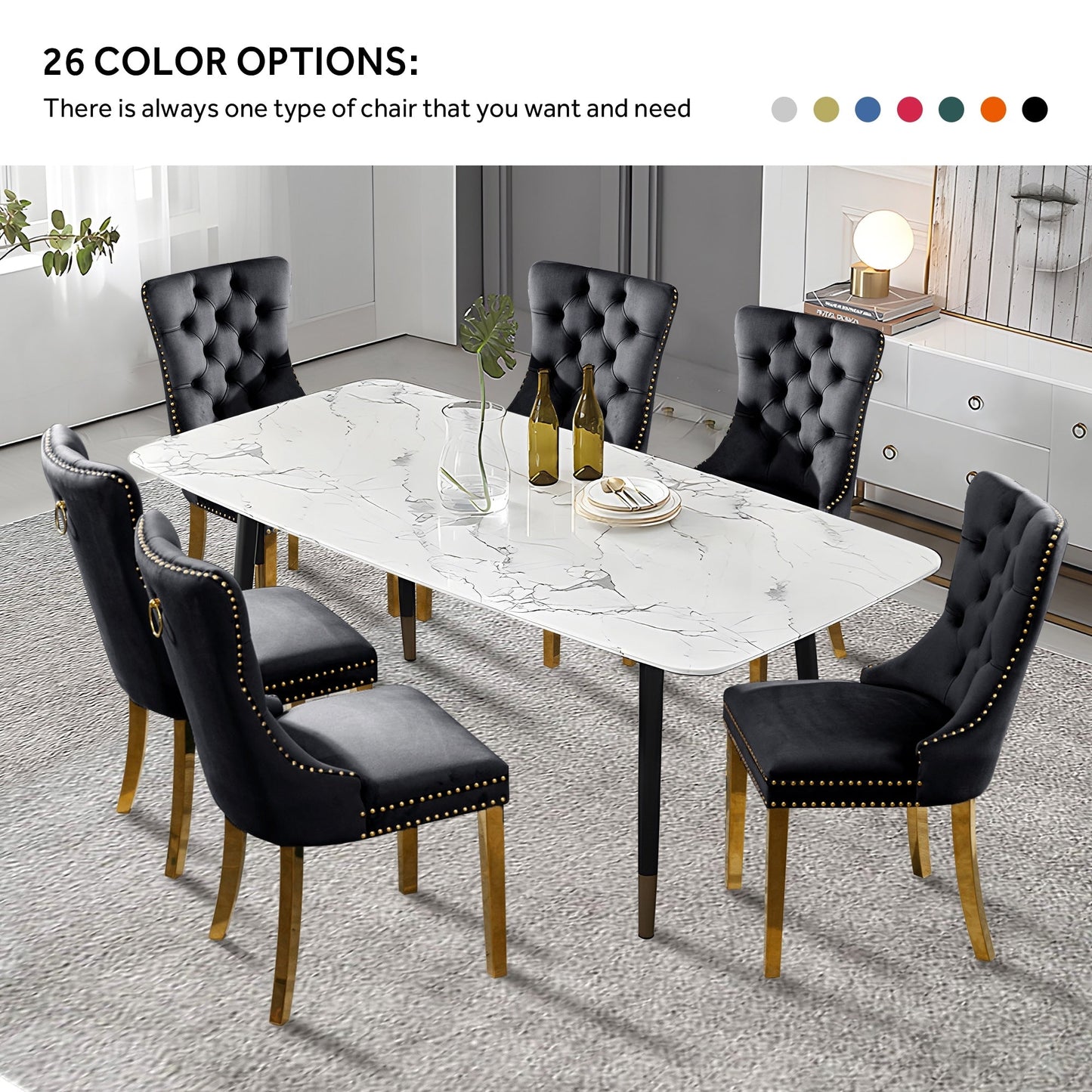 Chaise de salle à manger capitonnée en velours avec pieds en bois massif, lot de 6