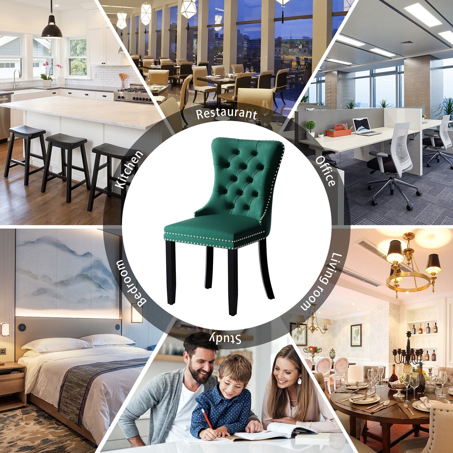 Chaise de salle à manger capitonnée en velours avec pieds en bois massif, lot de 6