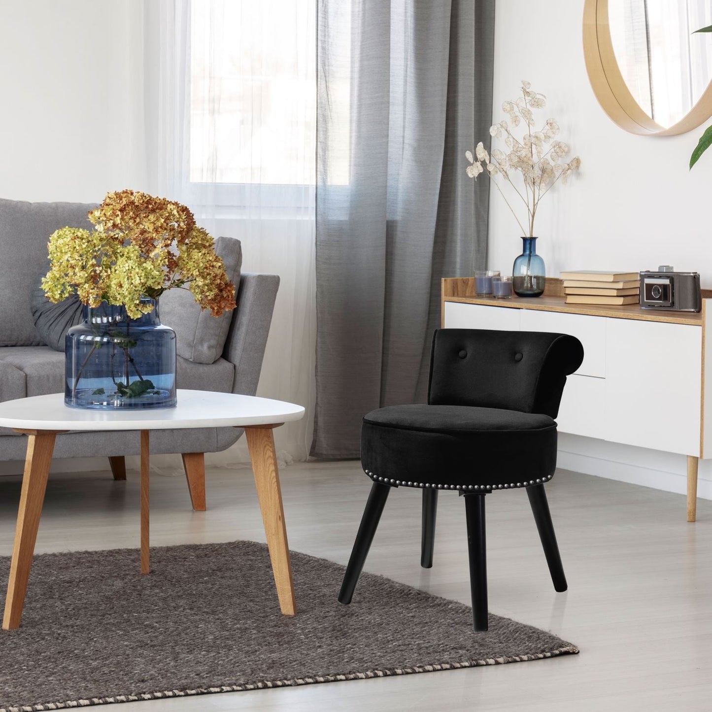 Tabouret de coiffeuse VEIKOUS avec dossier bas et pieds en bois - 17,3 x 15,7 x 25,1