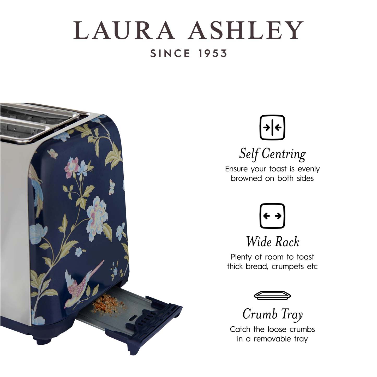 Laura Ashley Grille-pain à 2 tranches en acier inoxydable, bleu marine d'Elveden - VQ-SBT582-LAEN-CA