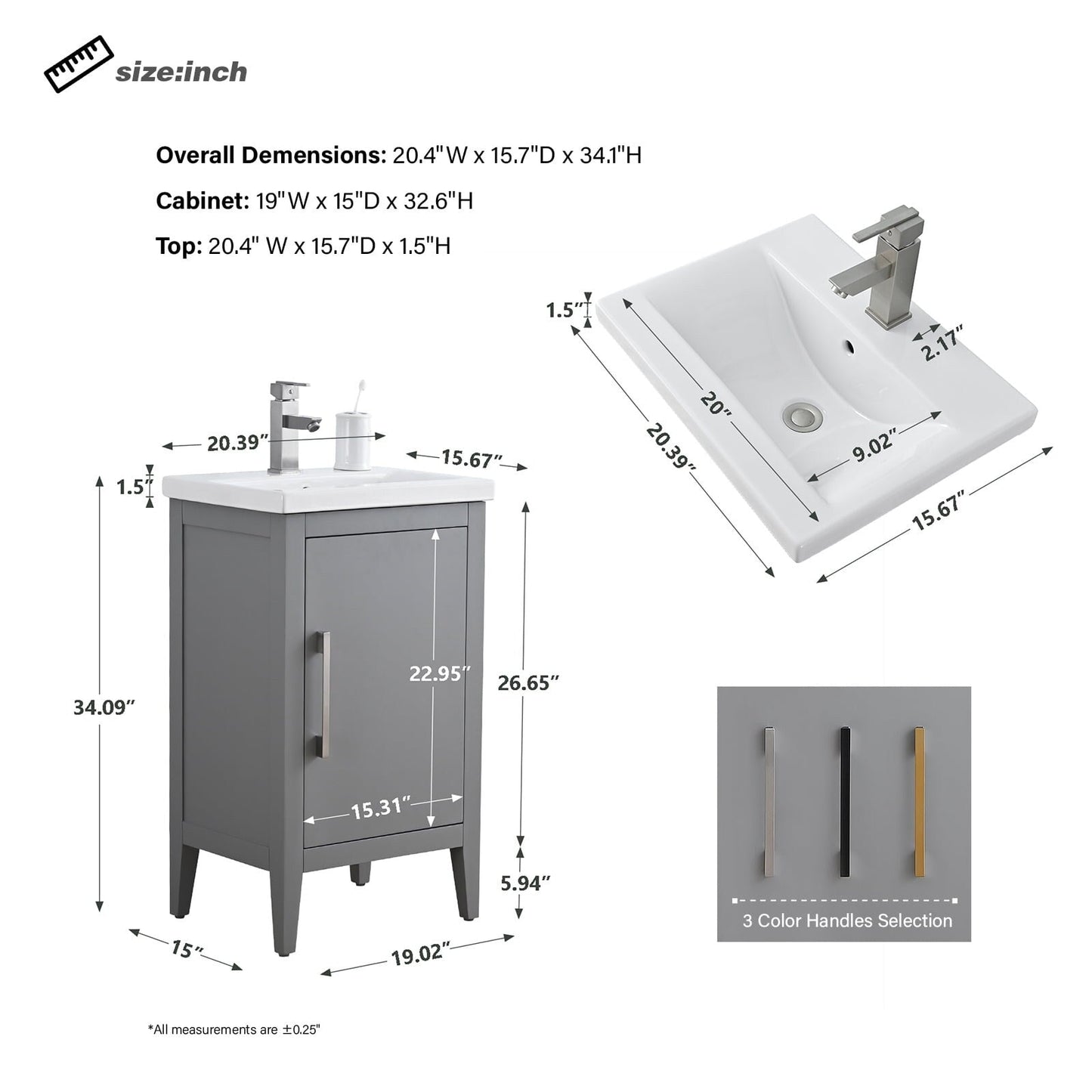 Meuble-lavabo simple Vanity Art 20, 24 ou 30 avec dessus en céramique