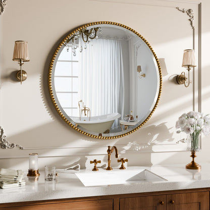 Miroir de salle de bain rond vintage avec cadre perlé