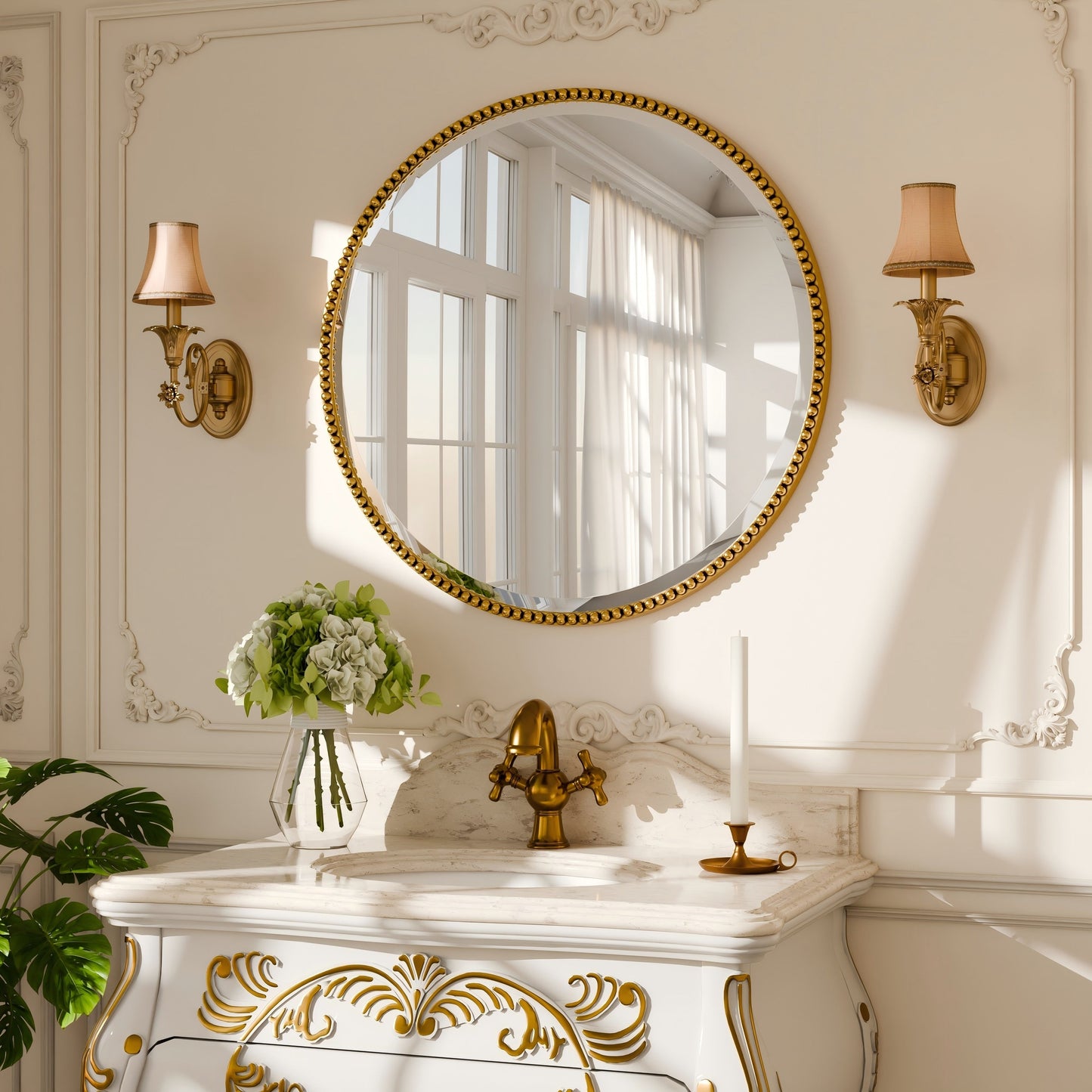 Miroir de salle de bain rond vintage avec cadre perlé