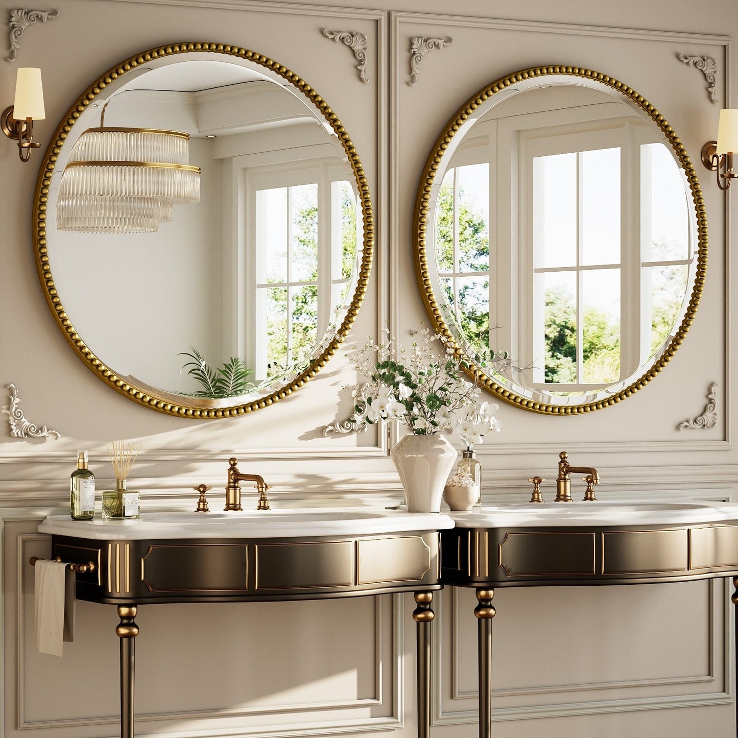 Miroir de salle de bain rond vintage avec cadre perlé