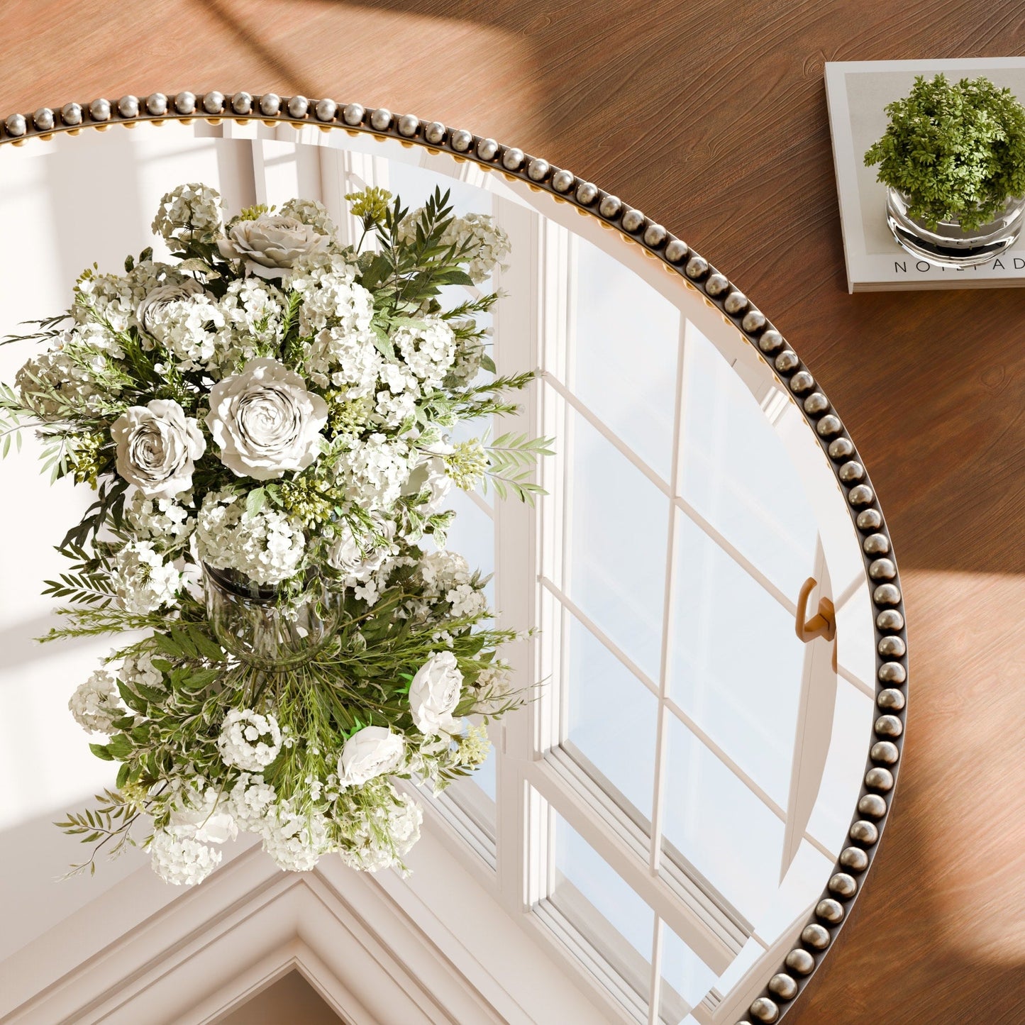 Miroir de salle de bain rond vintage avec cadre perlé