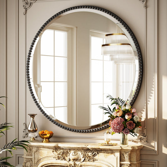 Miroir de salle de bain rond vintage avec cadre perlé