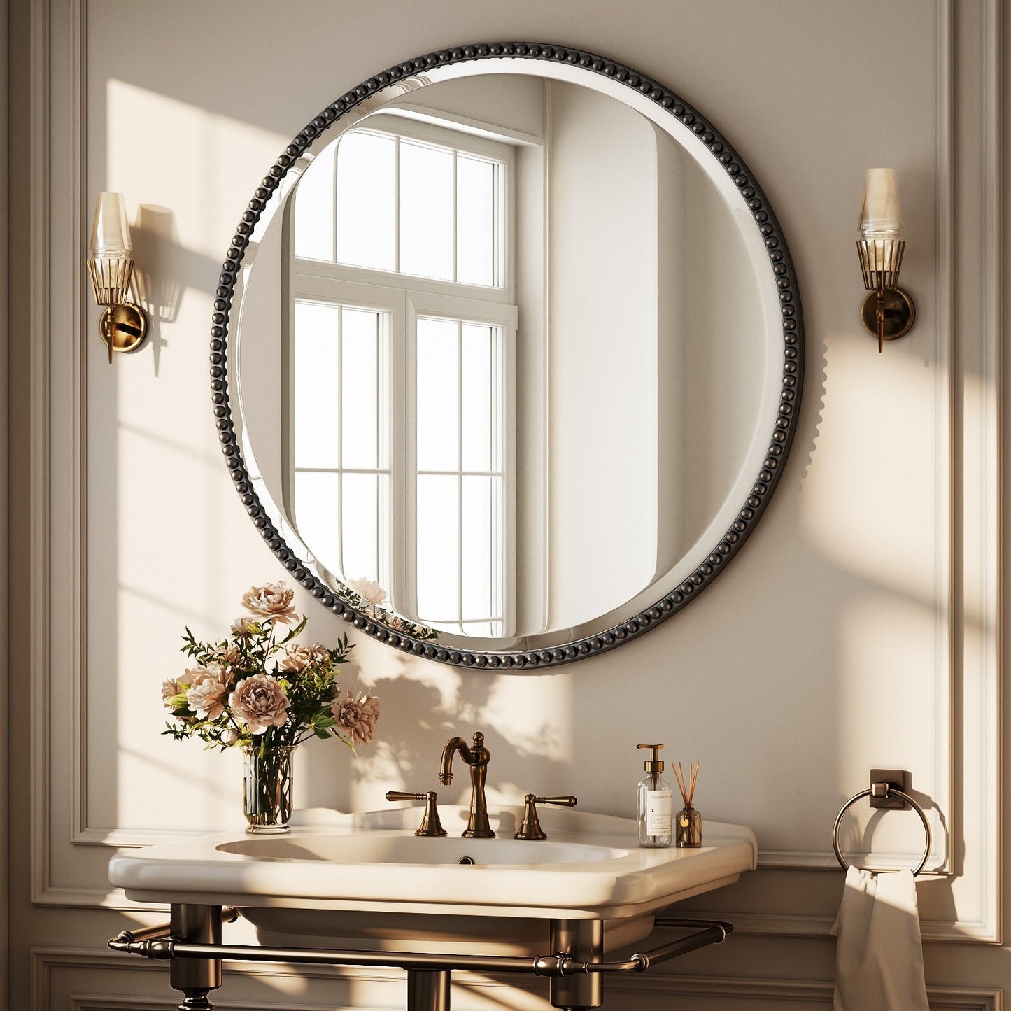 Miroir de salle de bain rond vintage avec cadre perlé