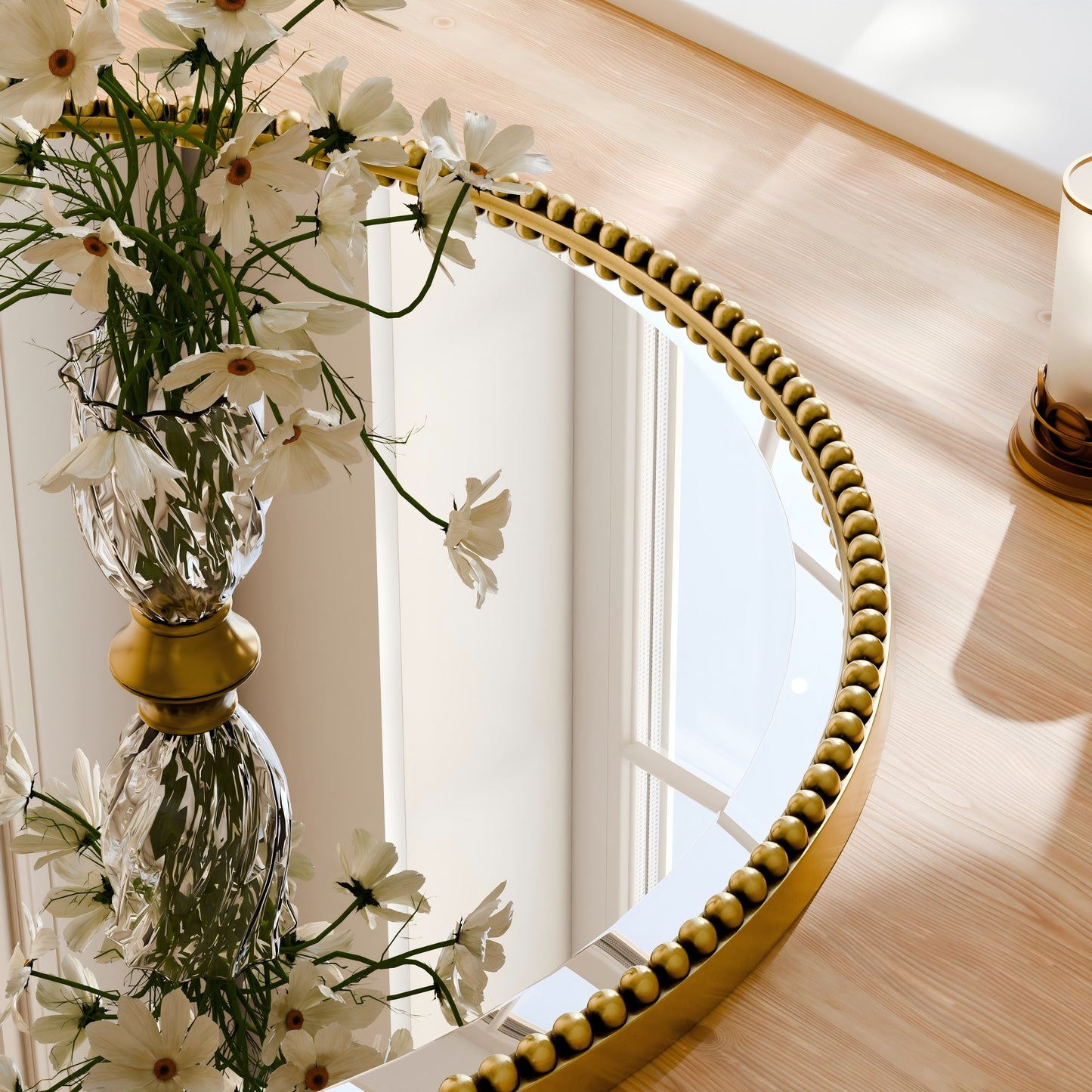 Miroir de salle de bain rond vintage avec cadre perlé