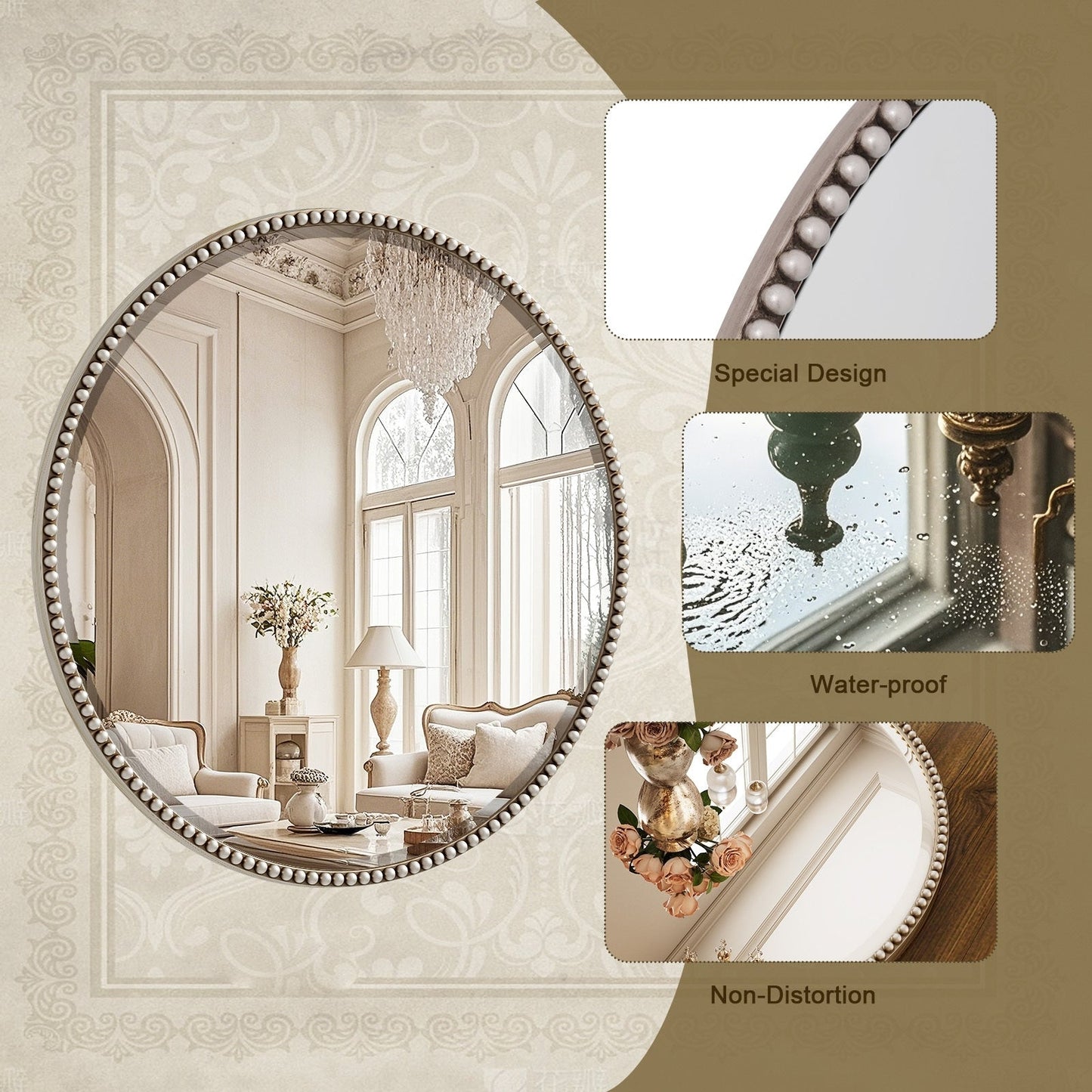 Miroir de salle de bain rond vintage avec cadre perlé