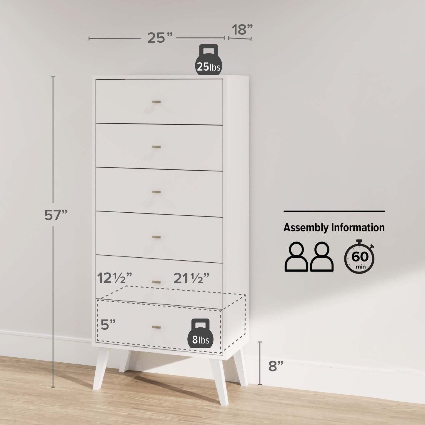 Milo Tall 6-Drawer Chest - Blanc|Commode verticale haute Milo à 6 tiroirs - blanche