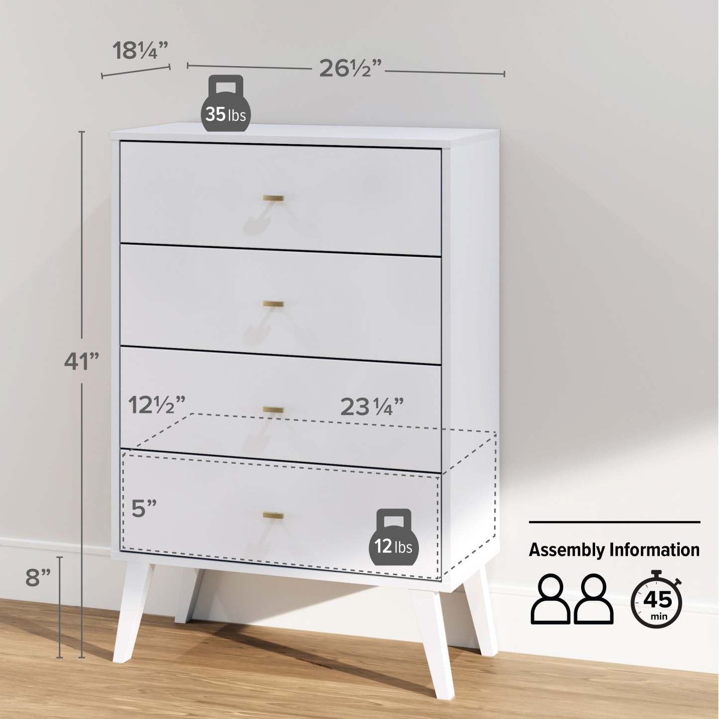 Milo Tall 4-Drawer Chest - Blanc|Commode verticale haute Milo à 4 tiroirs - blanche