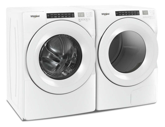 Whirlpool 5,0 pi³ Laveuse à chargement frontal et 7,4 pi³ Sécheuse électrique - blanche|Laveuse à chargement frontal de 5,0 pi³ et sécheuse électrique de 7,4 pi³ de Whirlpool - blanches|WHFL560L