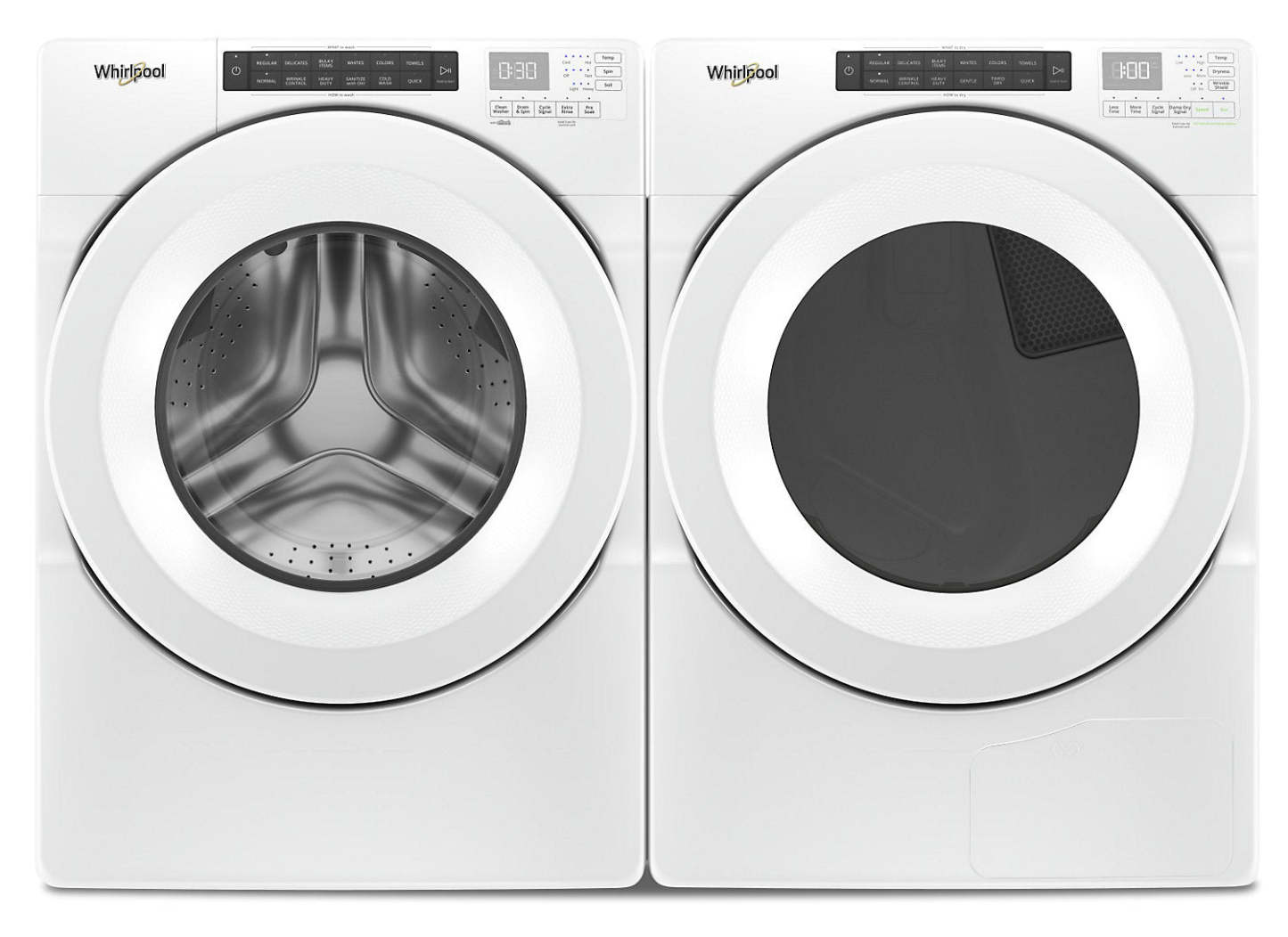 Whirlpool 5,0 pi³ Laveuse à chargement frontal et 7,4 pi³ Sécheuse électrique - blanche|Laveuse à chargement frontal de 5,0 pi³ et sécheuse électrique de 7,4 pi³ de Whirlpool - blanches|WHFL560L