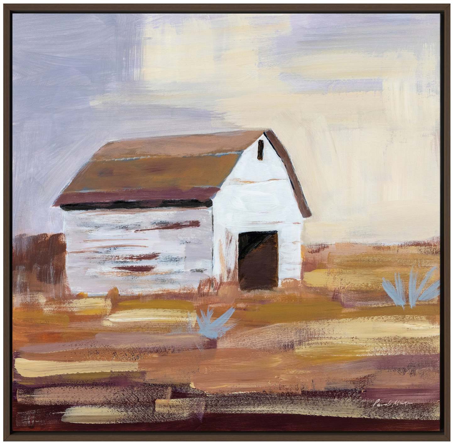 Peinture acrylique encadrée « Petite Grange Blanche » - 32 po x 32 po