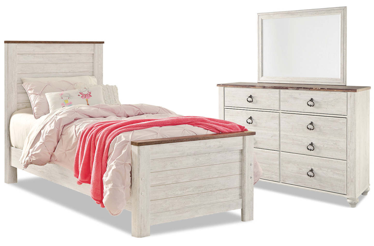 Ensemble de chambre à coucher Willowton 5 pièces pour enfants avec lit, commode et miroir, blanc - format lit simple