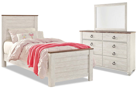 Ensemble de chambre à coucher Willowton 5 pièces pour enfants avec lit, commode et miroir, blanc - format lit simple