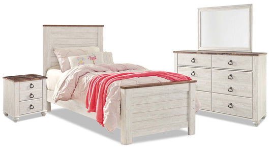 Ensemble de chambre à coucher Willowton 6 pièces pour enfants avec lit, commode, miroir et table de nuit, blanc - format lit simple
