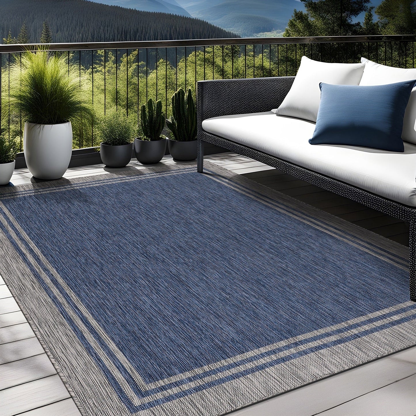 Tapis d'intérieur/extérieur lavable à bordure pour patio, terrasse, porche