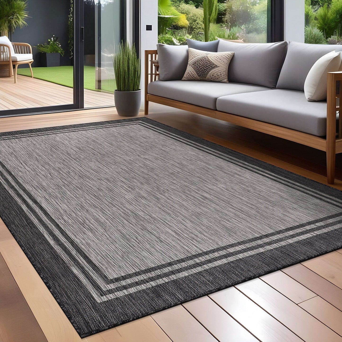 Tapis d'intérieur/extérieur lavable à bordure pour patio, terrasse, porche