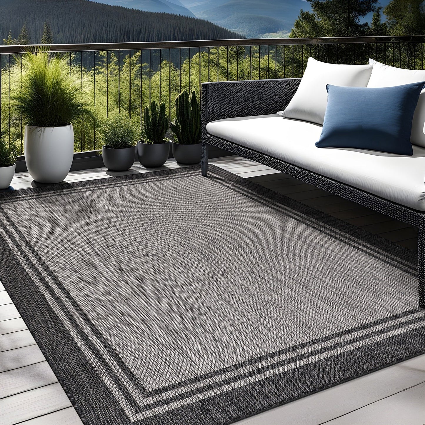 Tapis d'intérieur/extérieur lavable à bordure pour patio, terrasse, porche
