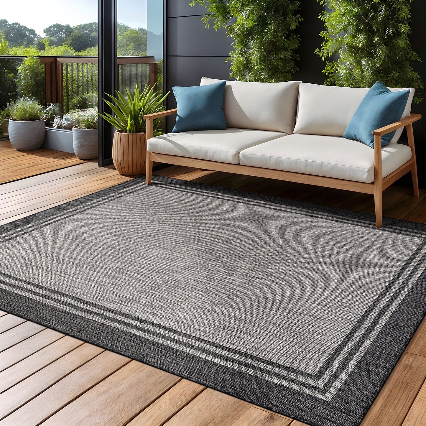 Tapis d'intérieur/extérieur lavable à bordure pour patio, terrasse, porche