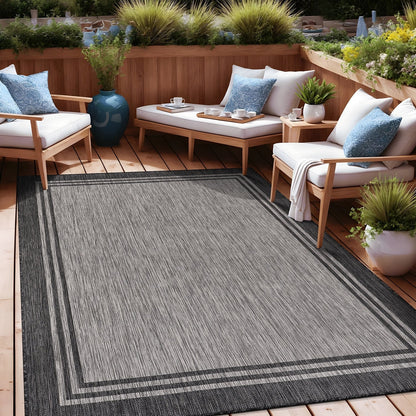 Tapis d'intérieur/extérieur lavable à bordure pour patio, terrasse, porche