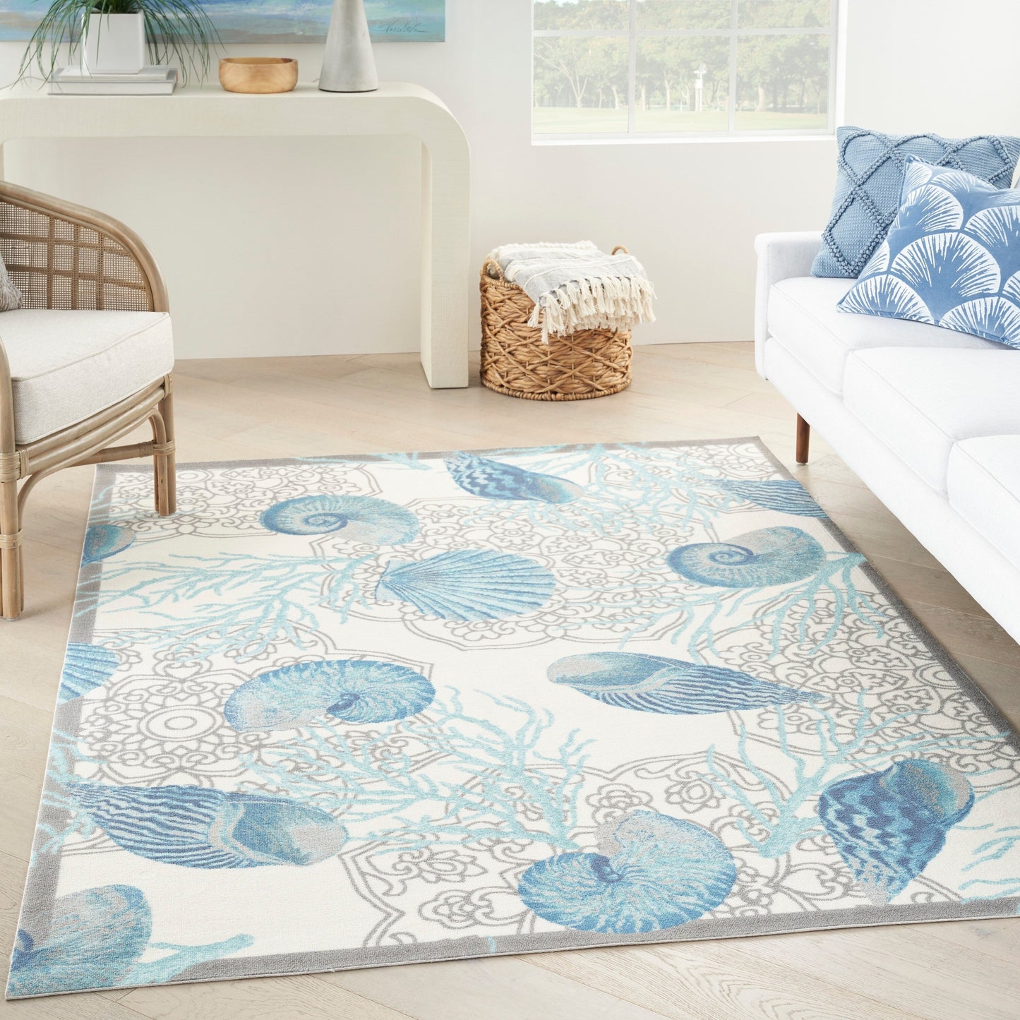Tapis d'intérieur/extérieur Waverly Sun &amp; Shade Shore Thing Tropical Sea Shell Floral